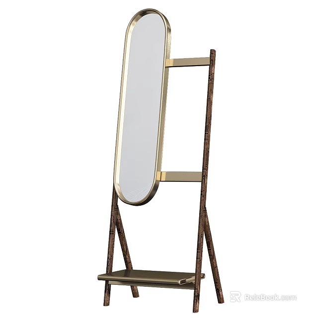 Elegant Floor Mirror With Gold Frame Wooden Stand And Bottom Shelf 3d model 