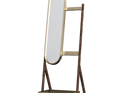 Elegant Floor Mirror With Gold Frame Wooden Stand And Bottom Shelf 3d model
