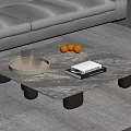 Square Coffee Table With Marble Surface Black Legs Tray Glass Cups Oranges And Book