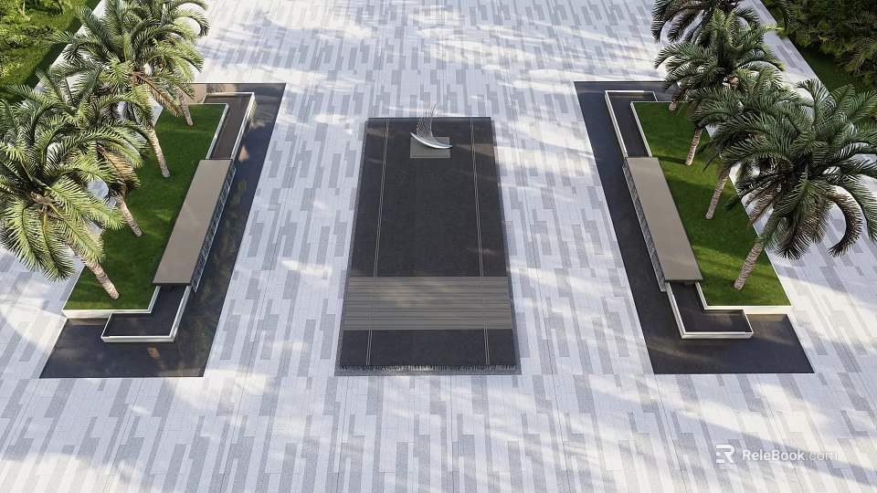 Aerial View Square Garden Ornaments with Paved Ground Green Lawns Palm Trees Rectangular Benches 3d model 