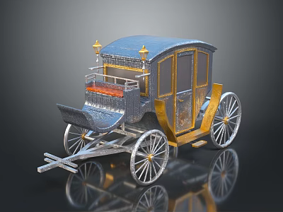 Elegant Blue and Gold Vintage Carriage with Silver Wheels Golden Lamps and Red Seats 3d model