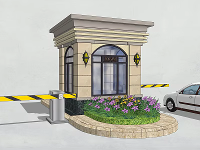 Security Booth Entrance With Yellow Black Barrier Car And Flower Bed Flowers 3d model