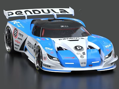 Pendula Blue And White Race Car With Sponsor Logos Rear Wing And Aerodynamic Design 3d model