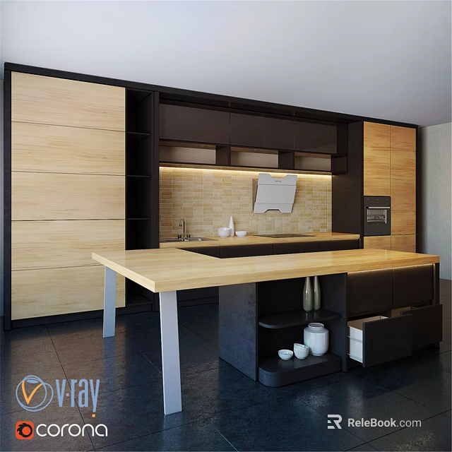 Modern Open Kitchen Design Featuring Light And Dark Wood Cabinets With Island Counter 3d model 