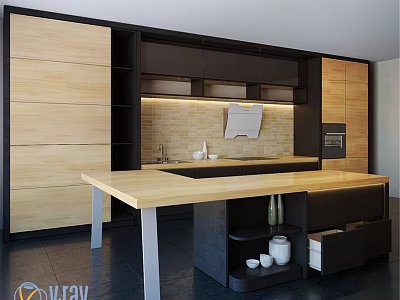 Modern Open Kitchen Design Featuring Light And Dark Wood Cabinets With Island Counter 3d model