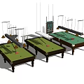 Multiple Modern Billiard Tables With Pendant Lights And Cue Racks For Indoor Game Rooms