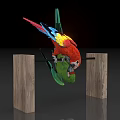Colorful Parrot With Red Blue Yellow Plumage Perched On Wooden Bar Between Two Posts