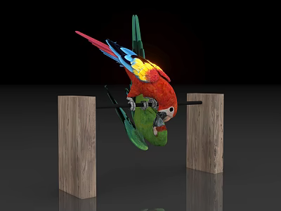 Colorful Parrot With Red Blue Yellow Plumage Perched On Wooden Bar Between Two Posts 3d model