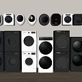 Various Styles of Modern Washing Machines in White Black Gray Displayed on Wall and Floor