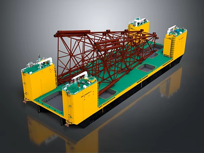 Heavy Lift Vessel Transporting Large Steel Structure And Yellow Modules 3d model