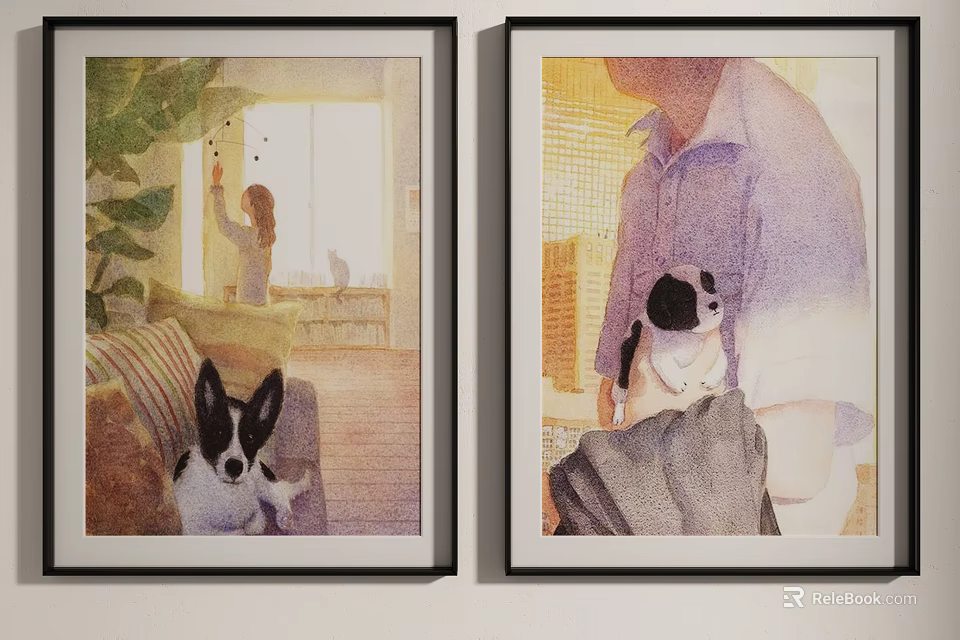 Two Framed Paintings Showing Woman With Dog And Man Holding Cat 3d model 