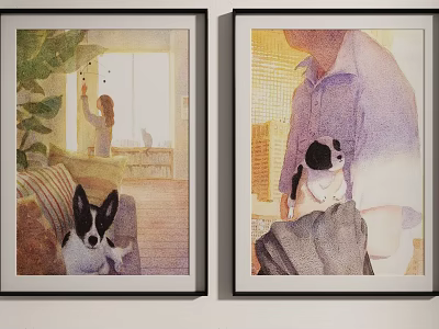 Two Framed Paintings Showing Woman With Dog And Man Holding Cat 3d model
