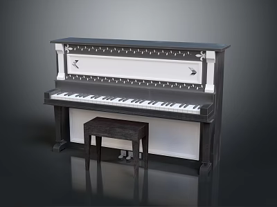 Elegant Black And White Piano Musical Instrument With Artistic Decorative Design And Wooden Stool 3d model