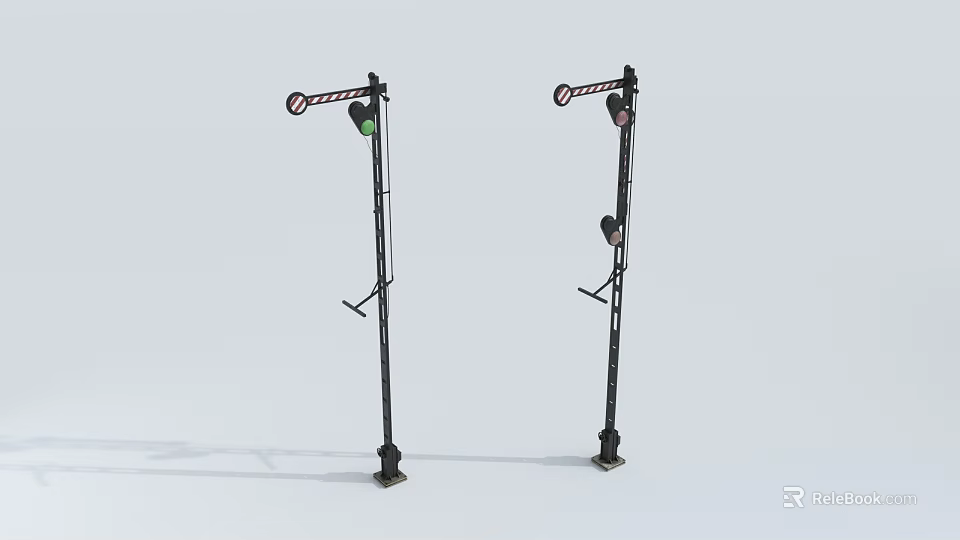 Two Black Outdoor Signal Lights With Green And Red Lamps On Pillars 3d model 