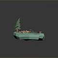 Cartoon Forest Scenery with Orange Fox Green Tree Small Cabin Fallen Log and Stump