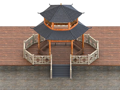Traditional Chinese Two Story Pavilion With Black Tiled Roof And Wooden Railings On Wooden Platform 3d model