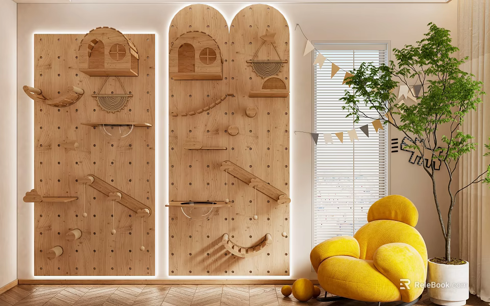 Wooden Decorative Cabinet With Small House Baskets Hooks In Children's Room Yellow Chair Green Plant 3d model 