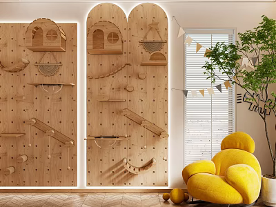 Wooden Decorative Cabinet With Small House Baskets Hooks In Children's Room Yellow Chair Green Plant 3d model