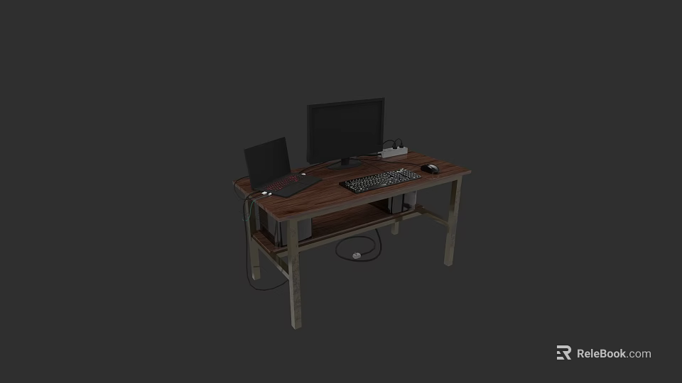 Wooden Computer Desk With Metal Frame Desktop Monitor Laptop Keyboard And Mouse 3d model 