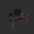 Wooden Computer Desk With Metal Frame Desktop Monitor Laptop Keyboard And Mouse