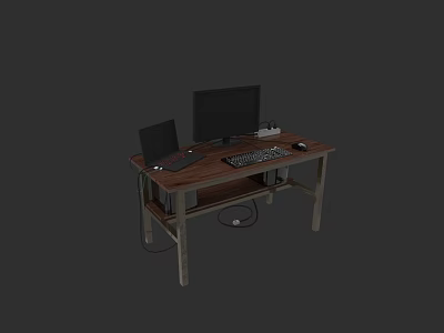 Wooden Computer Desk With Metal Frame Desktop Monitor Laptop Keyboard And Mouse 3d model