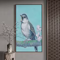 Landscape Painting Featuring Bird Perched on Branch with White Flowers Against Light Blue Background