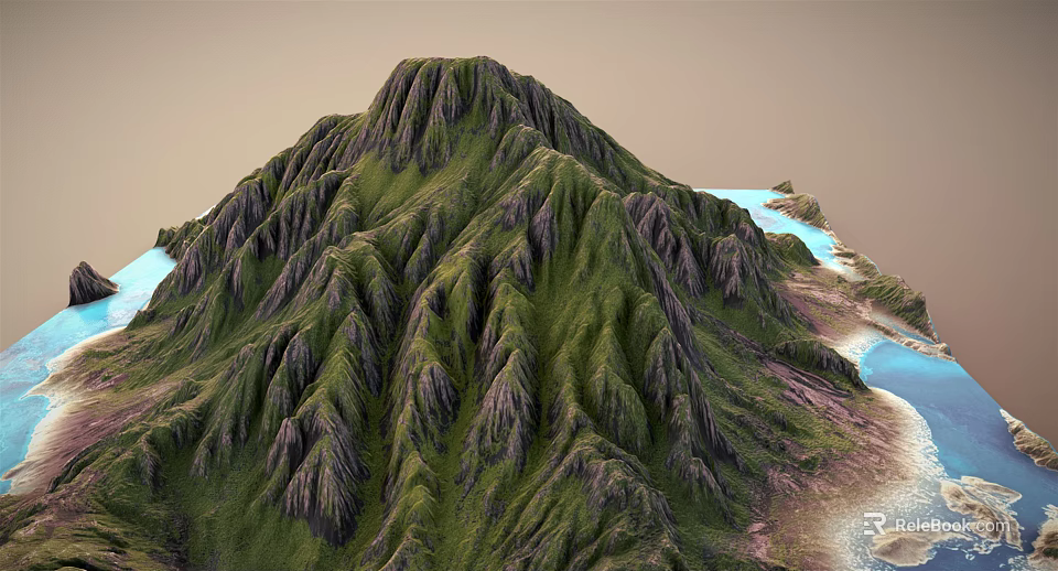Natural Garden Landscape With Lush Green Mountain Slopes And Blue Water Bodies 3d model 