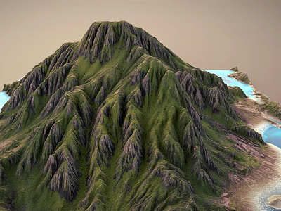 Natural Garden Landscape With Lush Green Mountain Slopes And Blue Water Bodies 3d model