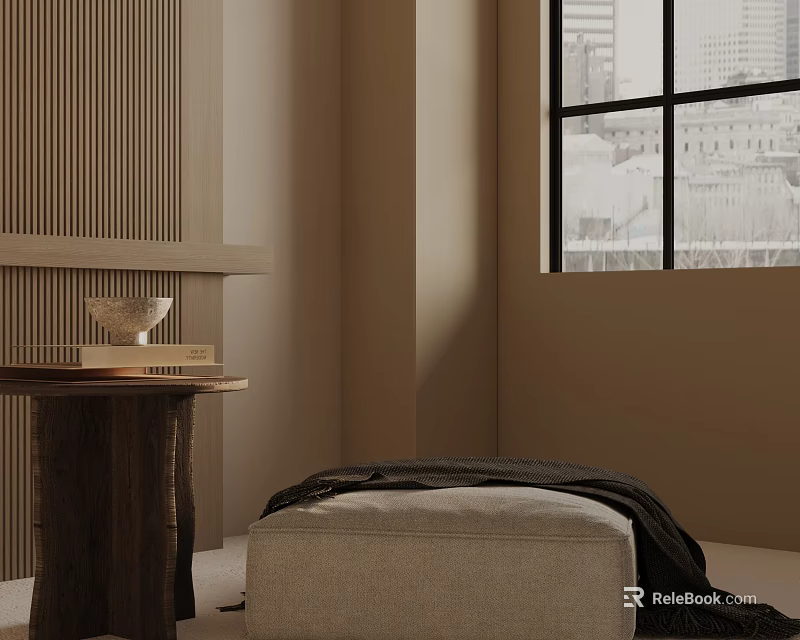 Beige Leisure Chair With Black Blanket Near Wooden Side Table By Window With City View 3d model 