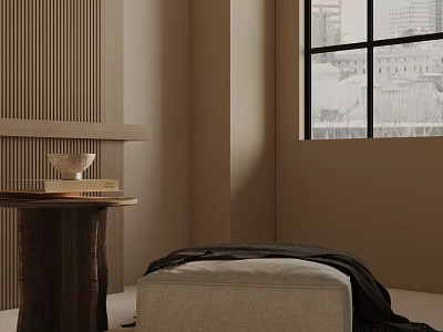 Beige Leisure Chair With Black Blanket Near Wooden Side Table By Window With City View 3d model