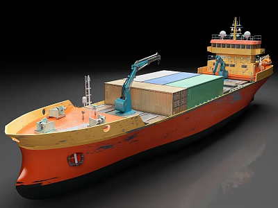 Orange and Yellow Cargo Ship with Blue Crane and Containers on Deck 3d model