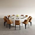 Round Dining Table Set With White Tablecloth Tableware And Flower Arrangement Surrounded By Brown Chairs 3d model