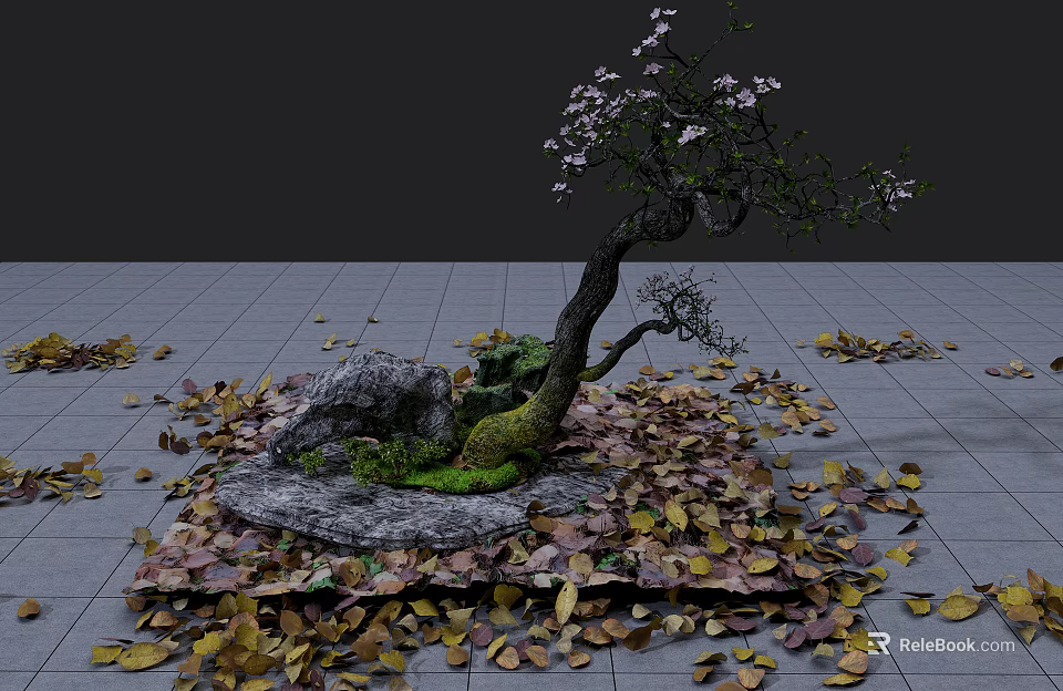 Twisted Trunk Arbor with Pink Flowers Fallen Leaves Stones and Moss on Gray Tiled Ground 3d model 