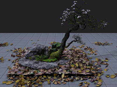 Twisted Trunk Arbor with Pink Flowers Fallen Leaves Stones and Moss on Gray Tiled Ground 3d model