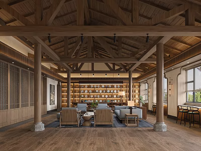 Hotel Public Lounge Area With Wooden Ceiling Columns Bookshelves Sofas Coffee Tables And Wooden Flooring 3d model