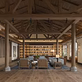 Hotel Public Lounge Area With Wooden Ceiling Columns Bookshelves Sofas Coffee Tables And Wooden Flooring