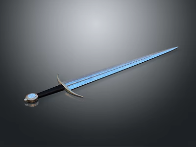3D Rendered Blue Blade Sword With Black Hilt And Decorative Gemstone 3d model