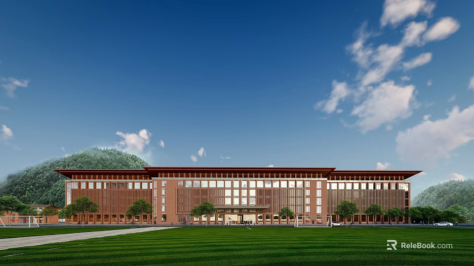 Red Brick Hotel Building With Modern Design Green Lawn And Trees Under Blue Sky 3d model 