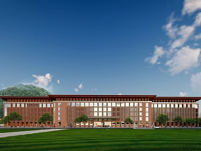 Red Brick Hotel Building With Modern Design Green Lawn And Trees Under Blue Sky 3d model