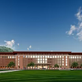 Red Brick Hotel Building With Modern Design Green Lawn And Trees Under Blue Sky