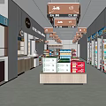 Supermarket Department Store Interior With Shelves Refrigerated Cases Products Checkout Counter And Signs