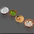 Various Cooking Ingredients in Bowls Including White Powder Green Herbs and Brown Granules