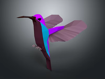 Hummingbird Low Poly 3D Model With Purple Pink And Blue Spread Wings Design 3d model