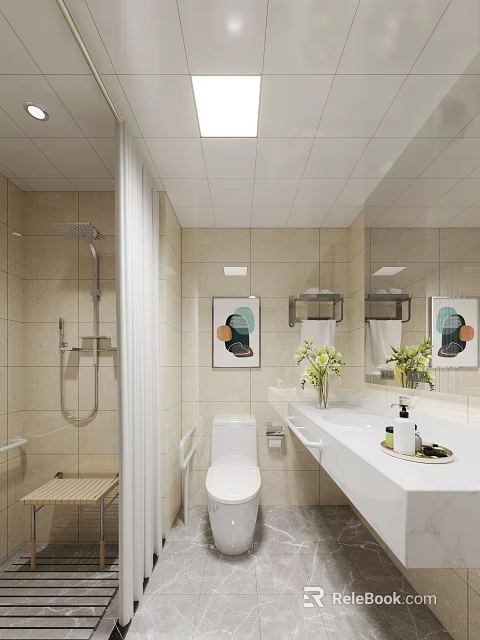 Modern Bright Beige Tiled Bathroom With Complete Practical Fixtures And Elegant Minimalist Interior Design 3d model 