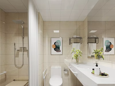 Modern Bright Beige Tiled Bathroom With Complete Practical Fixtures And Elegant Minimalist Interior Design 3d model