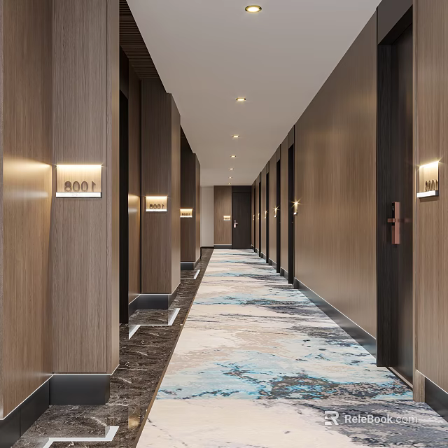 Modern Elevator Hallway With Wooden Walls Numbered Elevator Doors And Blue White Patterned Carpet 3d model 