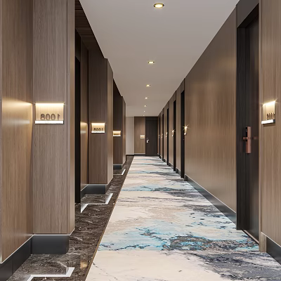 Modern Elevator Hallway With Wooden Walls Numbered Elevator Doors And Blue White Patterned Carpet 3d model