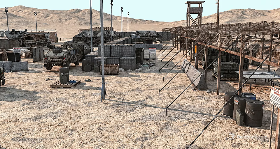 Desert Military Camp Featuring Trucks Containers Watchtower Metal Poles And Sandy Ground 3d model 