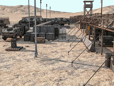 Desert Military Camp Featuring Trucks Containers Watchtower Metal Poles And Sandy Ground 3d model