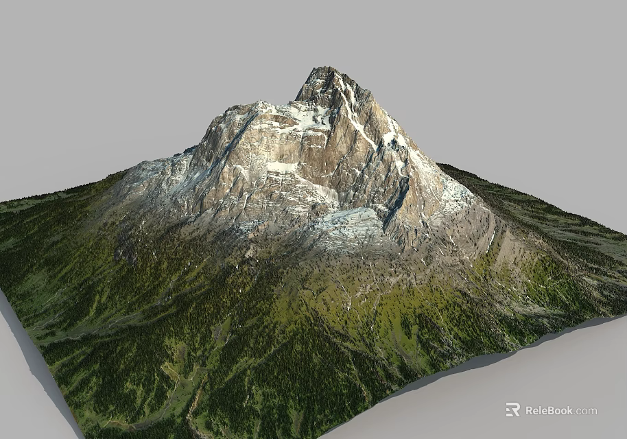 Mountain Terrain Featuring Snow Capped Peak And Lush Green Vegetation 3d model 